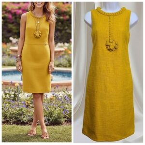 ☆ TRR ☆ Tory Burch Tweed Braided Rose Retro Sheath Dress In Goldenrod Yellow